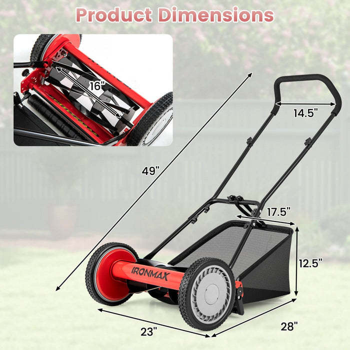 Ironmax 16" Push Lawn Mower With 5-blade 6.9 Gallon Removable Grass Catcher For Garden Red