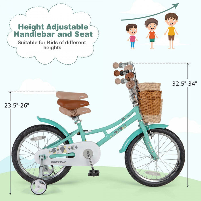 Costway 18" Kids Bike With Height Adjustable Handlebar Seat Basket Bell Training Wheels Green