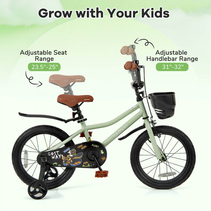 Costway 16" Kid's Bike With Training Wheels Adjustable Handlebar & Seat Handbrake Green