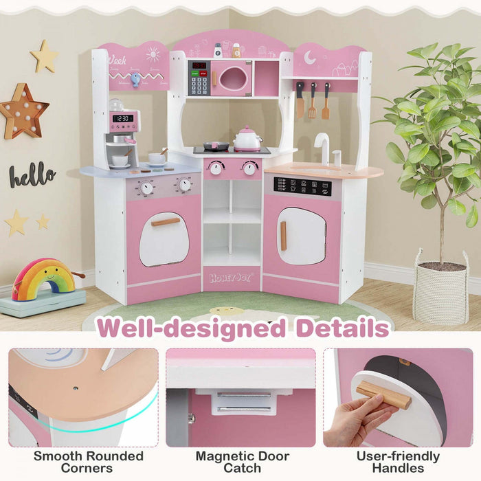 Honeyjoy Corner Kitchen Playset With Coffee Machine Oven Microwave Washing Machine Pink