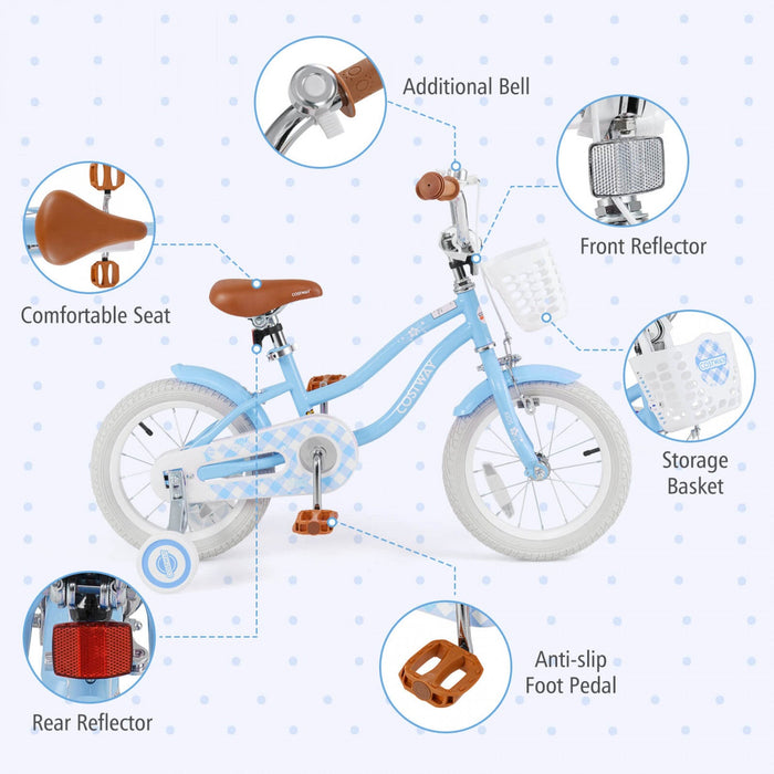 Costway 14" Kid's Bike With Removable Training Wheels & Basket For 3-5 Years Old Blue