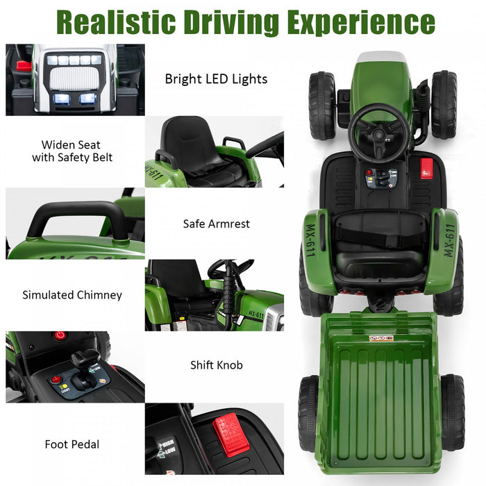 Costway 12v Kids Ride On Tractor With Trailer Ground Loader W/ Rc & Lights Dark Green