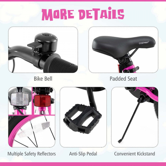 Costway 18" Led Lighted Kids Bike With Adjustable Seat Coaster Brake Training Wheels Pink