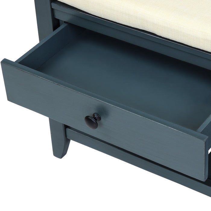 Stephanie Pine Wood Shoe Rack Bench With Cushioned Seat With Storage Drawers - Antique Navy 