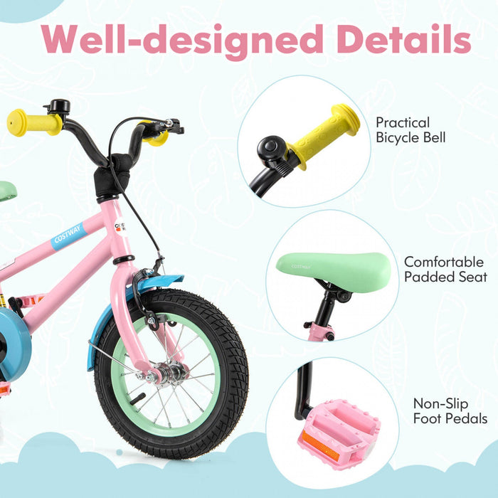 Costway 12" Kids Bike With Adjustable Saddle Handlebar Removable Training Wheels Handbrake Pink