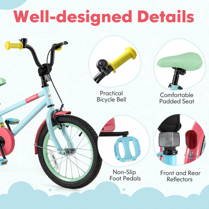Costway 16" Kids Bike With Adjustable Saddle Handlebar Removable Training Wheels Handbrake Red