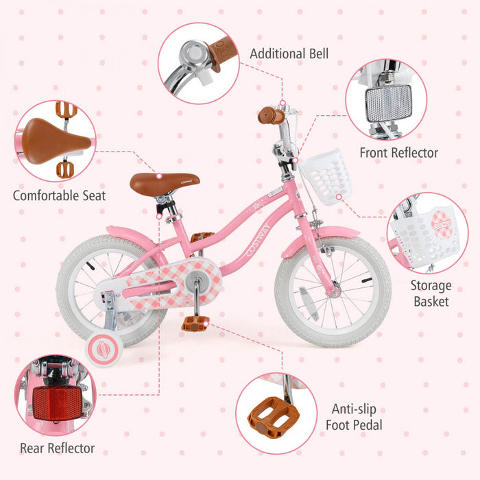 Costway 14" Kid's Bike With Removable Training Wheels & Basket For 3-5 Years Old Pink