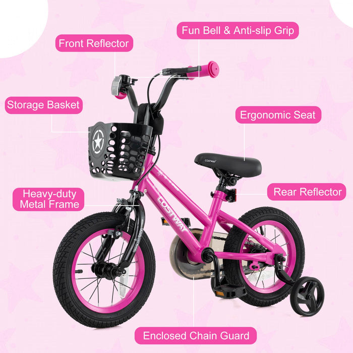 Costway 12" Kid's Bike With Training Wheels Adjustable Handlebar & Seat Handbrake Pink