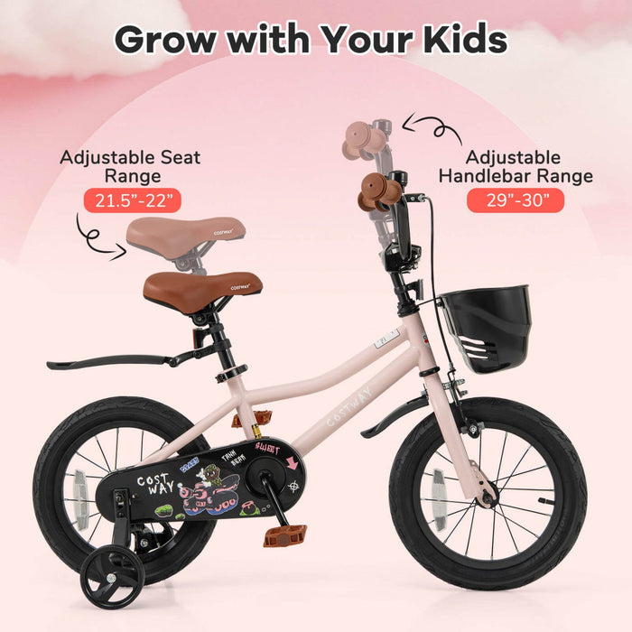 Costway 14" Kid's Bike With Training Wheels Adjustable Handlebar & Seat Handbrake Pink