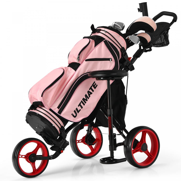 Goplus Folding 3 Wheels Golf Push Cart W/seat Scoreboard Adjustable Handle Red