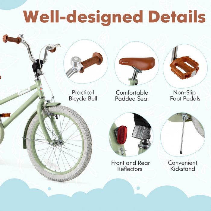 Costway 18" Kids Bike With Adjustable Saddle Handlebar Removable Training Wheels Handbrake Green