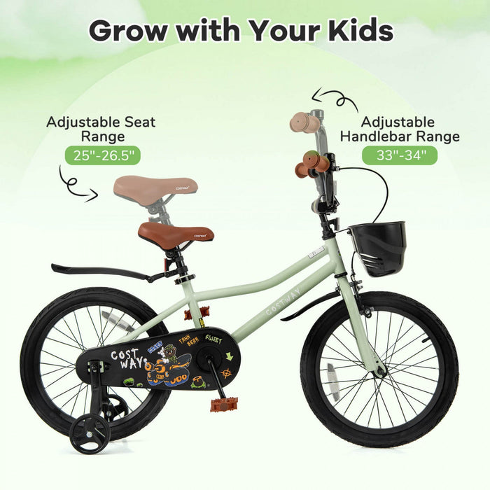 Costway 18" Kid's Bike With Training Wheels Adjustable Handlebar & Seat Handbrake Green
