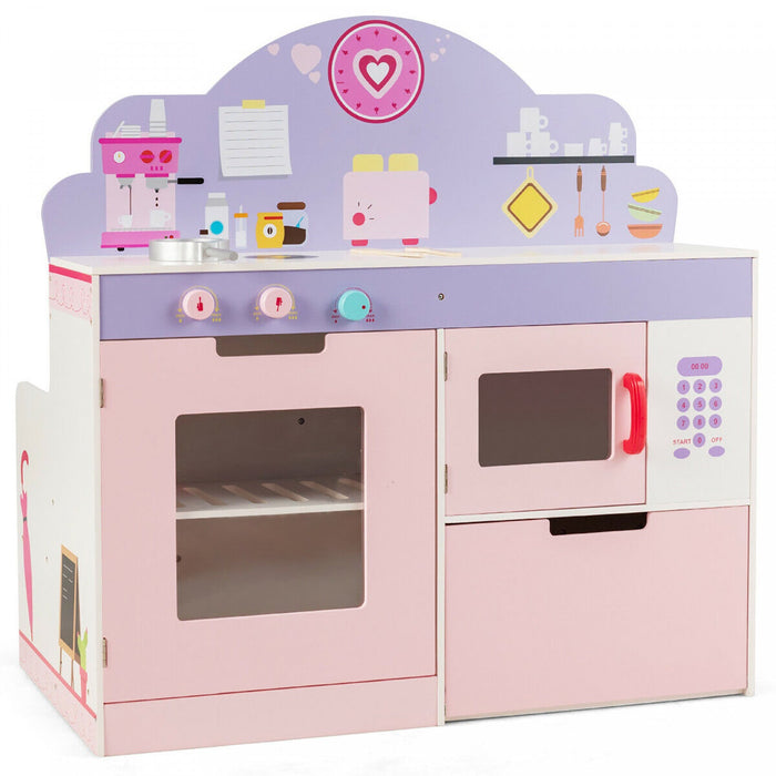 Costway 2 In 1 Kids Play Kitchen & Cafe Restaurant Wooden Pretend Cooking Playset Toy