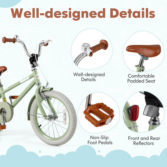 Costway 16" Kids Bike With Adjustable Saddle Handlebar Removable Training Wheels Handbrake Green