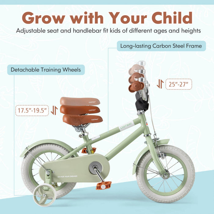 Costway 12" Kids Bike With Adjustable Saddle Handlebar Removable Training Wheels Handbrake Green