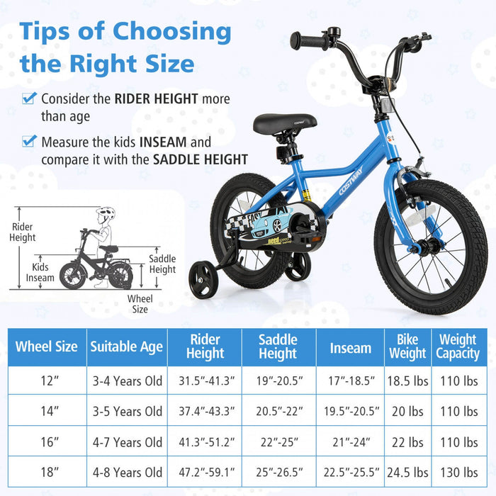 Costway 14" Kids Training Bike With Removable Training Wheels Pneumatic Tires Navy