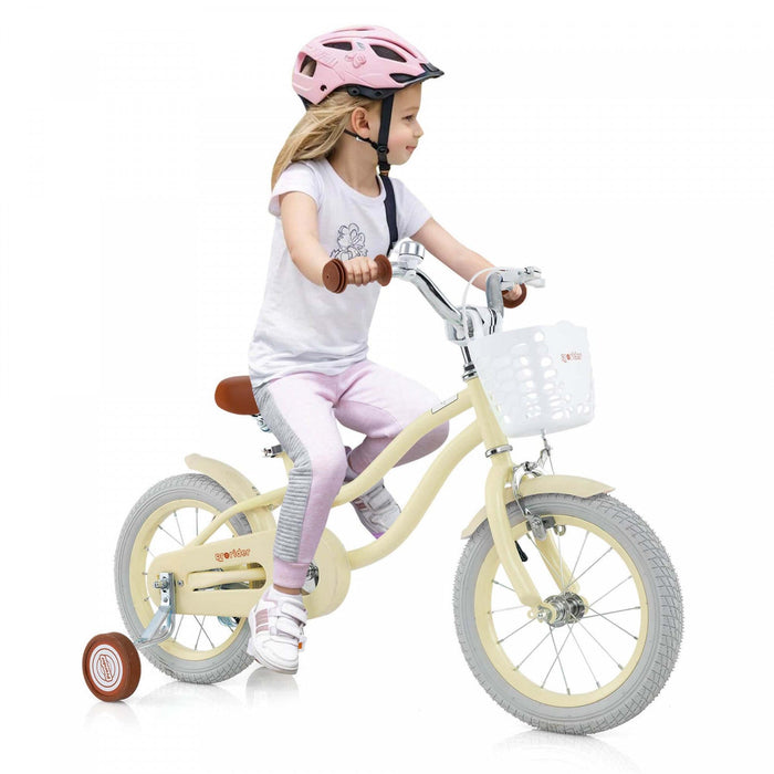 Prorider 14" Kid's Bike With Removable Training Wheels & Basket For 3-5 Years Old Beige