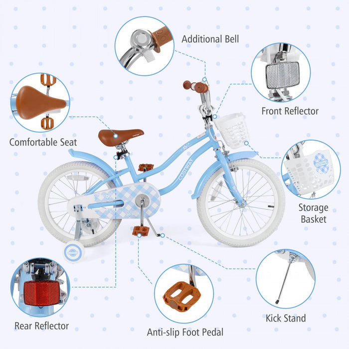 Costway 18" Kids Bike Toddler Bicycle With Training Wheel Kickstand For 4-8 Years Blue