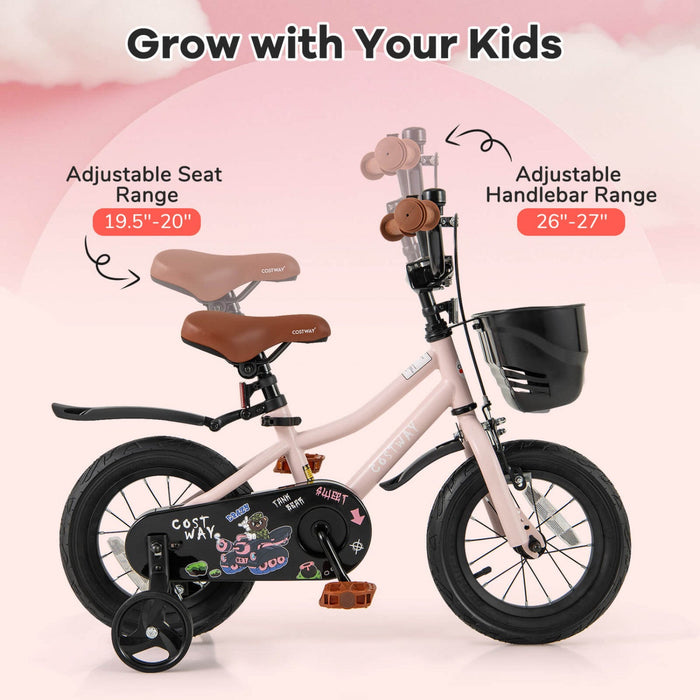 Costway 12" Kid's Bike With Training Wheels Adjustable Handlebar & Seat Handbrake Pink