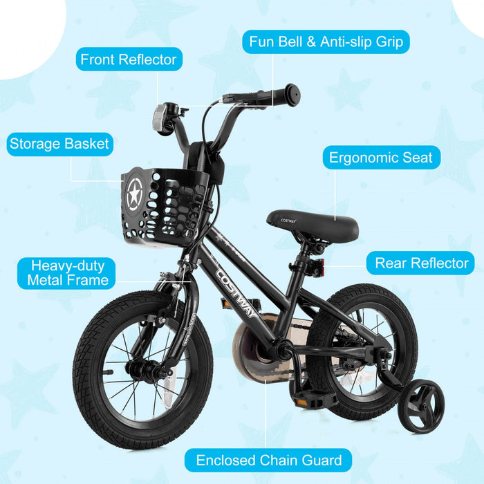 Costway 14" Kid's Bike With Training Wheels Adjustable Handlebar & Seat Handbrake Black
