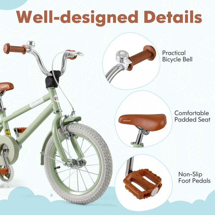 Costway 14" Kids Bike With Adjustable Saddle Handlebar Removable Training Wheels Handbrake Green