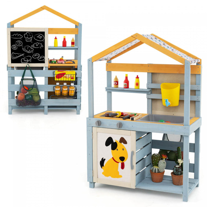 Costway 2 In 1 Wooden Mud Kitchen Outdoor Play Kitchen & Grocery Store With Sink