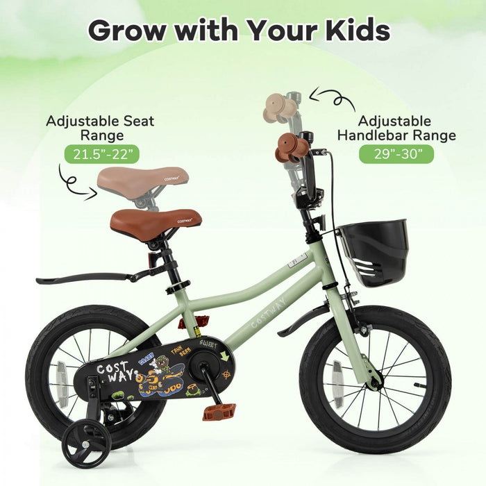Costway 14" Kid's Bike With Training Wheels Adjustable Handlebar & Seat Handbrake Green