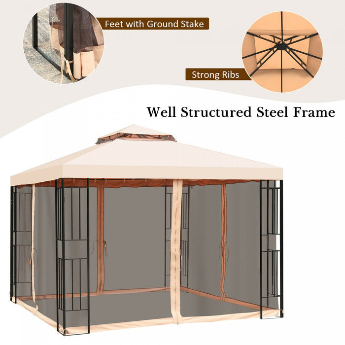 10x10ft Metal Gazebo W/ Mosquito Netting Canopy Gazebo 2 Tier Vented Gazebo Top