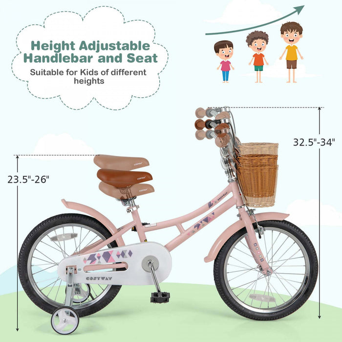 Costway 18" Kids Bike With Height Adjustable Handlebar Seat Basket Bell Training Wheels Pink