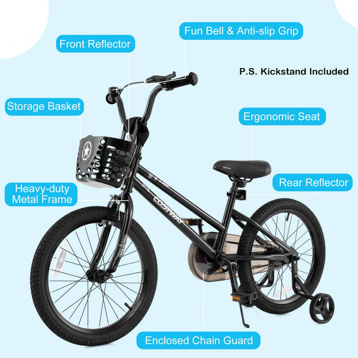 Costway 18" Kid's Bike With Training Wheels Adjustable Handlebar & Seat Handbrake Black