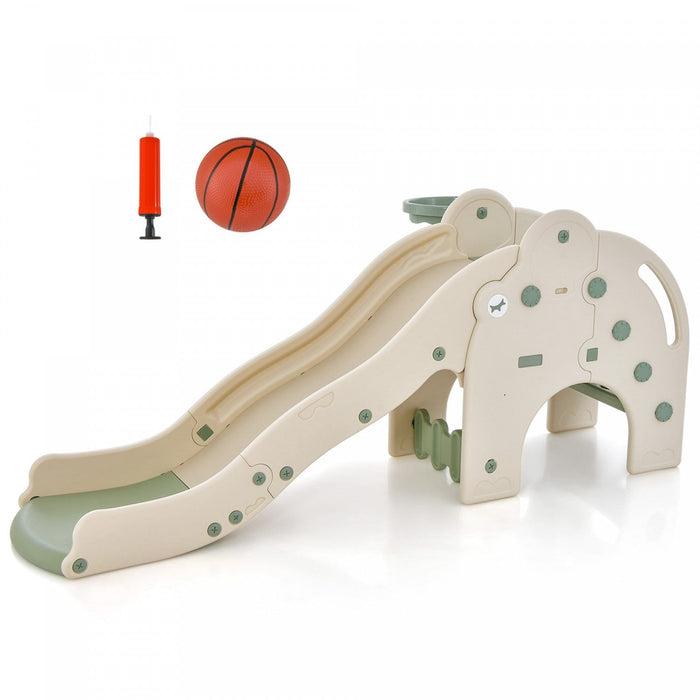 Costway 3-in-1 Toddler Slide With Buffer Zone Basketball Hoop & Ball Elephant Design