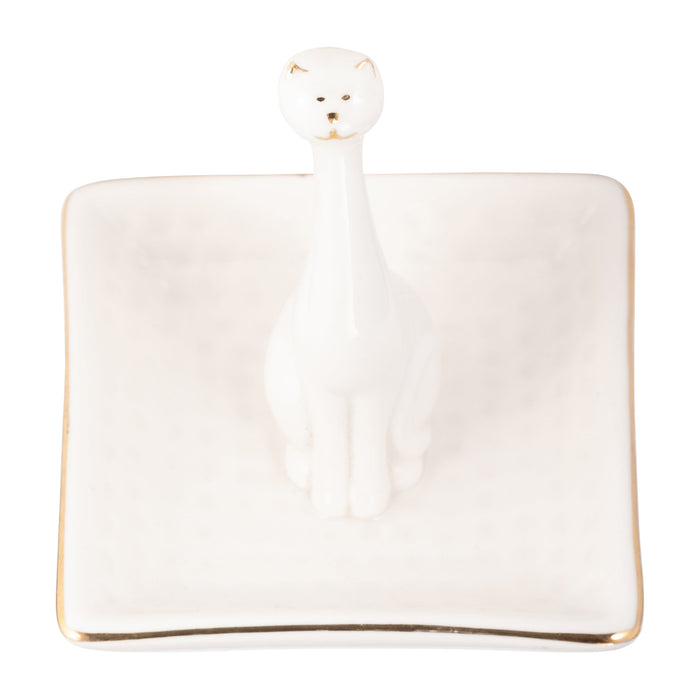 Porcelain Square Cat Ring Holder - White and Gold