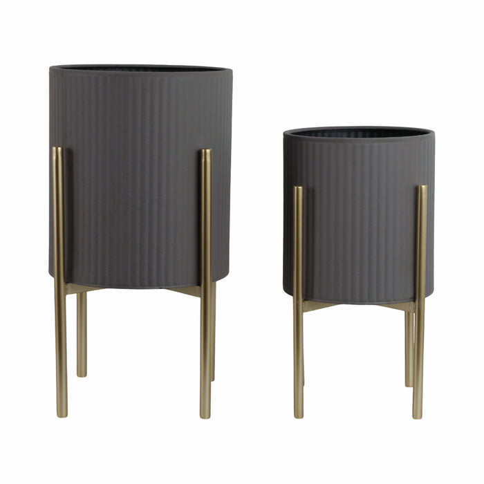 Iron 23\" Ridges Grey Planter on Gold Metal Stand - Set of 2