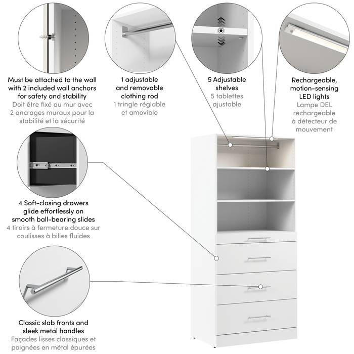 Bestar Florence 36\" Modular Reach-In/Walk-In Closet System Tower with LED Light, Shelves and 4 Drawe