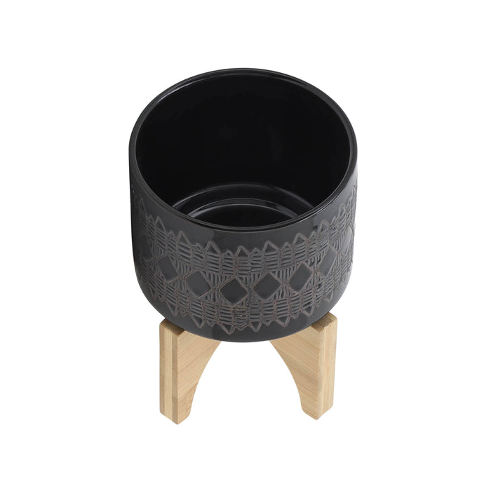 Ceramic 5\" Aztec Planter with Wood Stand - Black