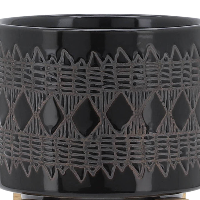 Ceramic 5\" Aztec Planter with Wood Stand - Black