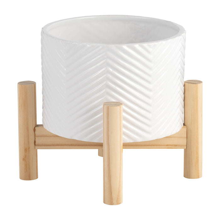 Ceramic 6\" Chevron Planter with Wood Stand - White