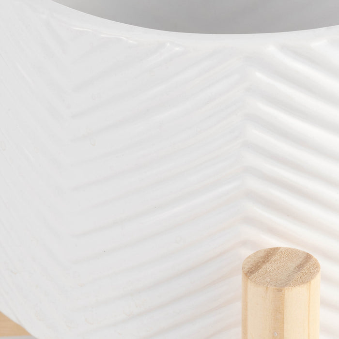 Ceramic 6\" Chevron Planter with Wood Stand - White