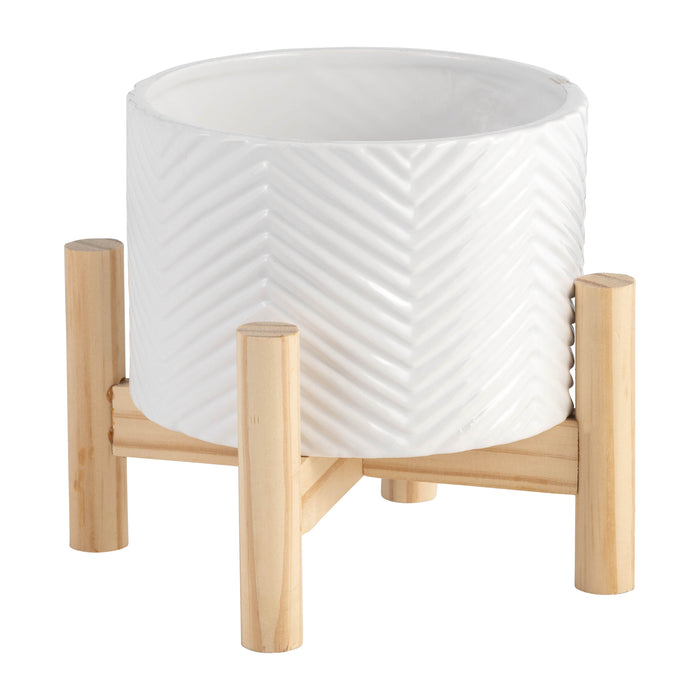 Ceramic 6\" Chevron Planter with Wood Stand - White
