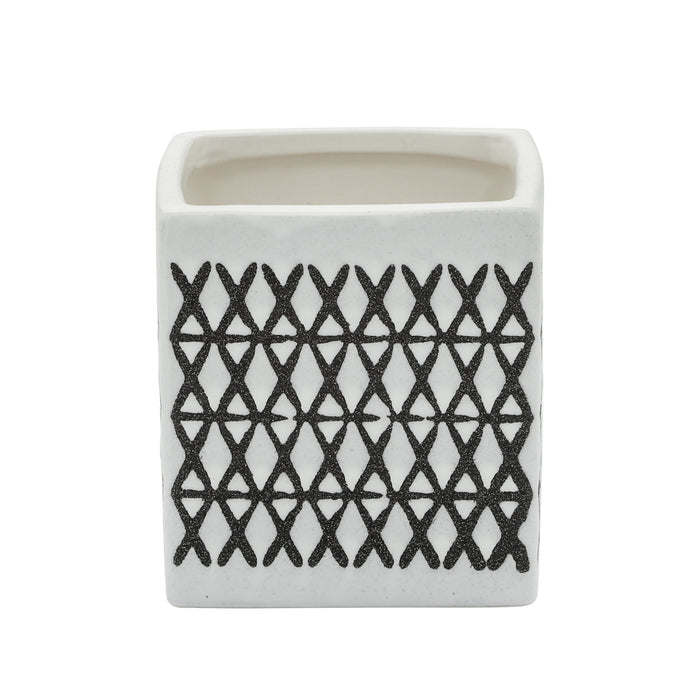 Ceramic Square 4\" Criss-Cross Pattern Pen Holder - Black and White