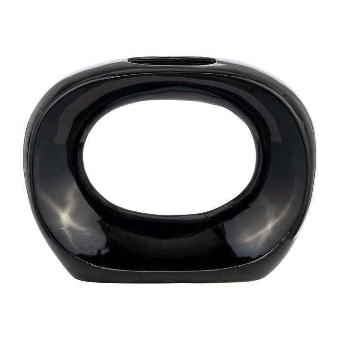 Ceramic 11\" Oval Vase - Shiny Black 