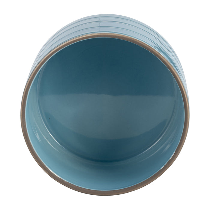 Ceramic 6\" Striped Planter with Wood Stand - Sky Blue