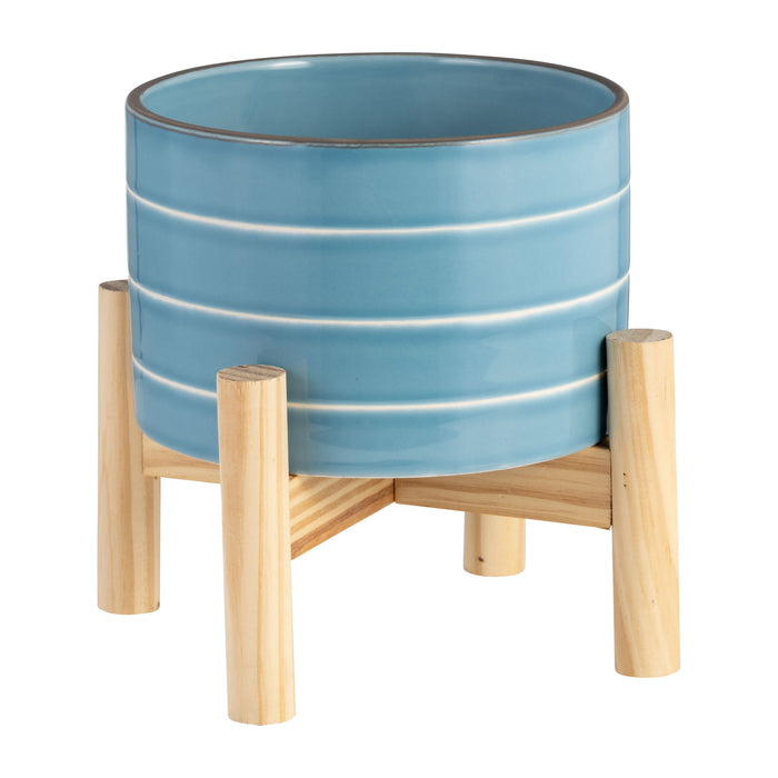 Ceramic 6\" Striped Planter with Wood Stand - Sky Blue
