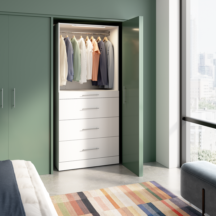 Bestar Florence 36\" Modular Reach-In/Walk-In Closet System Tower with LED Light, Shelves and 4 Drawe