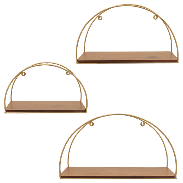 Metal and Wood Half-Moon Wall Shelves Set of 3 - Brown and Gold 