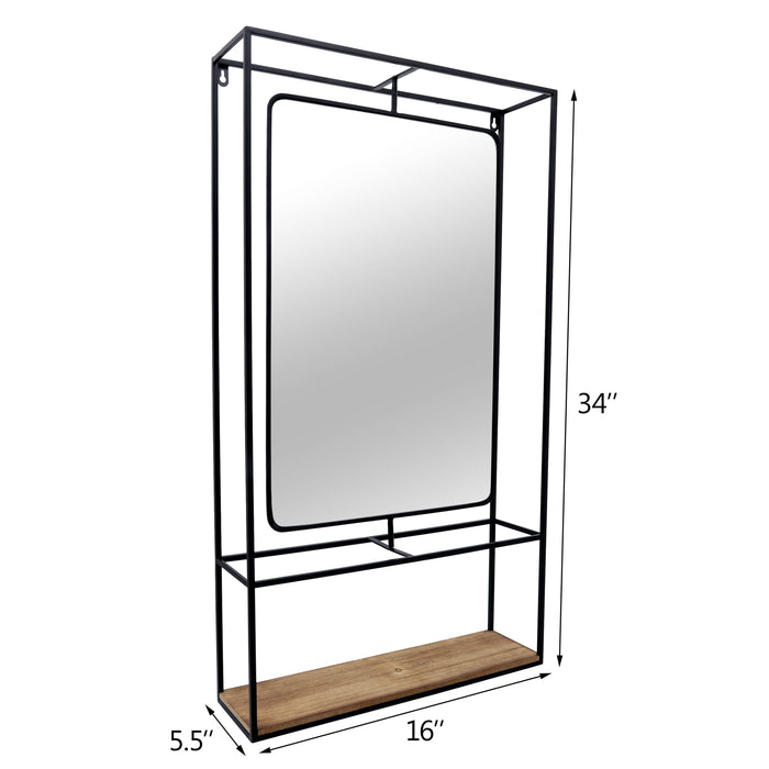 Wood and Metal 36\" Wall Shelf with Mirror - Black and Brown 