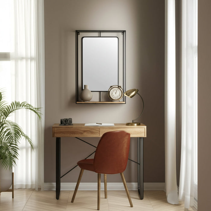 Wood and Metal 36\" Wall Shelf with Mirror - Black and Brown 