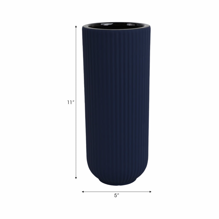 Ceramic 11\" Ridged Vase - Navy