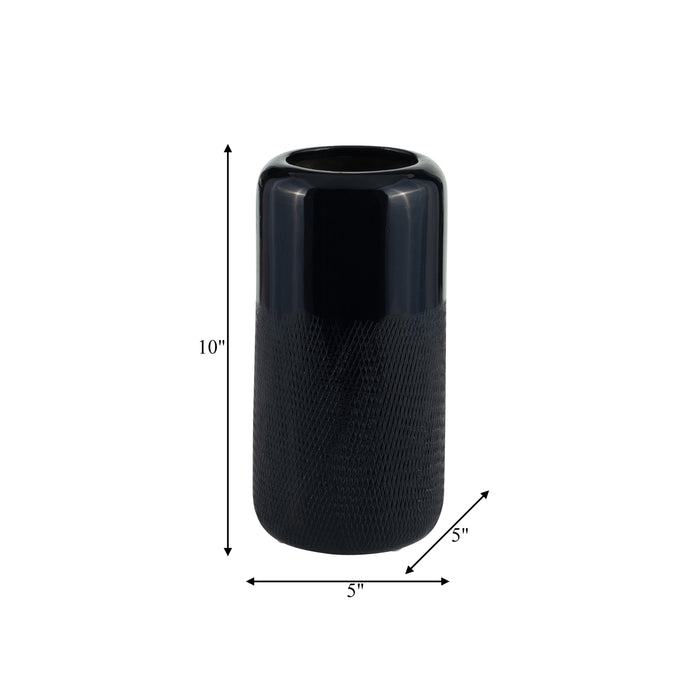 Ceramic 10\" Grooved Vase - Navy Blue