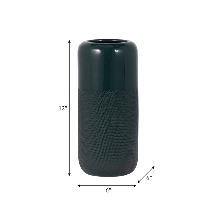 Ceramic 12\" Grooved Vase - Forest Green